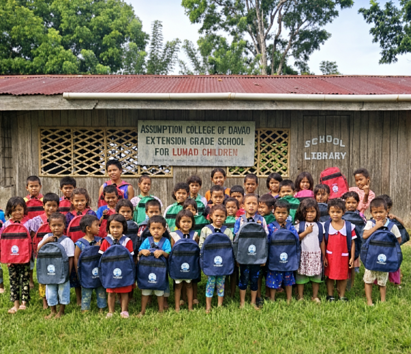 Lumad learners gathered with school bags outside their school